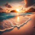 Tranquil Sunset Over Serene Tropical Beach With Gentle Waves and Soaring Seabirds