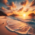 Tranquil Sunset Over Serene Tropical Beach With Gentle Waves and Soaring Seabirds