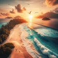 Tranquil Sunset Over Serene Tropical Beach With Gentle Waves and Soaring Seabirds