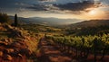 Tranquil sunset over vineyard, nature beauty in Italian countryside generated by AI Royalty Free Stock Photo