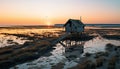 Tranquil sunset over water, coast beauty reflects in abandoned boathouse generated by AI Royalty Free Stock Photo