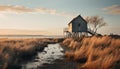 Tranquil sunset over water, old hut reflects beauty in nature generated by AI Royalty Free Stock Photo