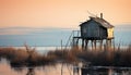 Tranquil sunset over water, old hut reflects nature beauty generated by AI Royalty Free Stock Photo