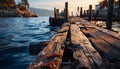 Tranquil sunset over water, old wooden jetty reflects nautical beauty generated by AI Royalty Free Stock Photo