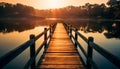 Tranquil sunset over water, wood bridge reflects nature beauty generated by AI Royalty Free Stock Photo