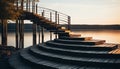 Tranquil sunset over water, wood bridge reflects nautical beauty generated by AI Royalty Free Stock Photo