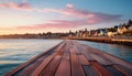 Tranquil sunset over water, wood jetty reflects nature beauty generated by AI Royalty Free Stock Photo