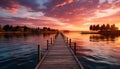 Tranquil sunset over water, wood jetty reflects nature beauty generated by AI Royalty Free Stock Photo