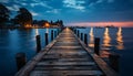 Tranquil sunset over water, wood jetty reflects nautical beauty generated by AI Royalty Free Stock Photo
