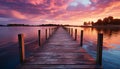 Tranquil sunset over water, wood plank bridge reflects nature beauty generated by AI Royalty Free Stock Photo