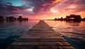 Tranquil sunset over water, wood reflects beauty in nature generated by AI Royalty Free Stock Photo