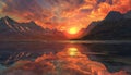 Tranquil sunset reflections on water, mountains, and nature beauty