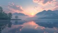 Tranquil sunset reflections on water, mountains, and nature beauty