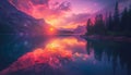 Tranquil sunset reflections on water, mountains, and nature beauty