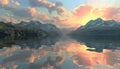 Tranquil sunset reflections on water, mountains, and nature beauty