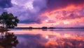 Tranquil sunset reflects beauty in nature, serene landscape over water generated by AI Royalty Free Stock Photo