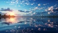 Tranquil sunset reflects on blue water, nature serene beauty generated by AI Royalty Free Stock Photo