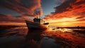 Tranquil sunset reflects on fishing boat, nature beauty in dusk generated by AI Royalty Free Stock Photo