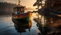 Tranquil sunset reflects on fishing boat, nature beauty in motion generated by AI Royalty Free Stock Photo