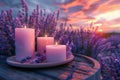 Tranquil Sunset Scene with Lavender and Aromatic Candles on Wooden Table Perfect for Spa and Relaxation Themes Royalty Free Stock Photo