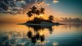 Tranquil Sunset Scene over Tropical Beach in an island with Palm Trees and calm sea, Reflecting Clouds Royalty Free Stock Photo