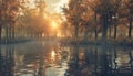 Tranquil sunset scene reflections on serene water, autumn forest