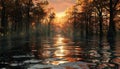 Tranquil sunset scene reflections on serene water, autumn forest