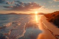 Tranquil Sunset at Serene Beach with Golden Reflection on Sandy Shore Generative AI Royalty Free Stock Photo