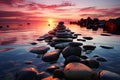 Tranquil sunset setting, Zen stones peacefully resting in shimmering water Royalty Free Stock Photo