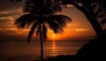 Tranquil sunset silhouette, palm tree beauty in nature reflection generated by AI