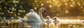 Tranquil swan family in photorealistic wide angle photography with cygnets exploring pond