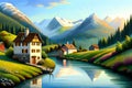 A tranquil Swiss scene featuring a river cutting through a valley, with traditional houses nestled amidst rolling green hills and Royalty Free Stock Photo