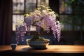 Tranquil Tabletop: A Vibrant Display of Bonsai, Violets, and Wee