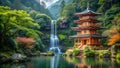 A Tranquil Tapestry of Water and Stone: A Japanese Pagoda Amidst a Cascading Waterfall AI generated