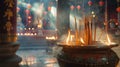 Tranquil Temple Ambiance with Gentle Incense Smoke and Candlelight Royalty Free Stock Photo