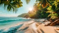 Tropical beach at sunset with palm trees and gentle waves. Royalty Free Stock Photo