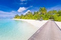 Tropical paradise island shore, wooden pier pathway into palm tree forest white sand, blue sunny sky. Exotic vacation landscape Royalty Free Stock Photo