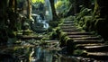 Tranquil Tropical Rainforest, Ancient Ruins, Stairs, And Lush Green Landscapes Generated By AI