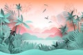 Tranquil Tropical Sunset: Artistic rendering of a serene tropical scene with palm trees, ferns, and birds Royalty Free Stock Photo