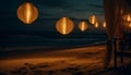 Tranquil twilight, glowing lanterns illuminate tropical coastline for summer vacations generated by AI