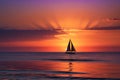 Tranquil Twilight: Sunset Cascading Over an Undulating Ocean, Distant Silhouette of a Solitary Sailboat on the Horizon Royalty Free Stock Photo