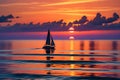 Tranquil Twilight: Sunset Cascading Over an Undulating Ocean, Distant Silhouette of a Solitary Sailboat on the Horizon Royalty Free Stock Photo