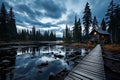 tranquil twilight wooden dock on serene lakeside under full moon and twinkling stars Royalty Free Stock Photo