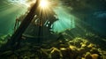 A tranquil underwater scene with the remains of a sunken shipwreck, surrounded by marine life