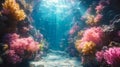 A tranquil underwater vista of soft swaying corals and small creatures swimming in the currents Royalty Free Stock Photo