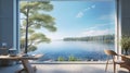 the tranquil view from a window overlooking a peaceful lakesid