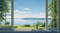 the tranquil view from a window overlooking a peaceful lakesid