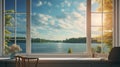 the tranquil view from a window overlooking a peaceful lakesid