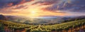 Tranquil vineyard at dusk photo realistic illustration - Generative AI.