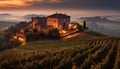 Tranquil vineyard at dusk, a picturesque autumn landscape in Italy generated by AI